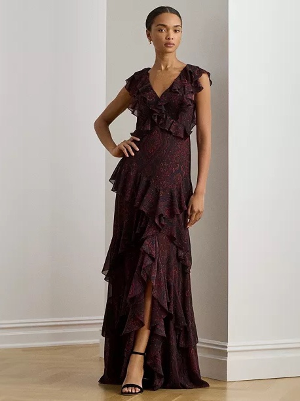 Women's Paisley Ruffle-Trim Georgette Gown